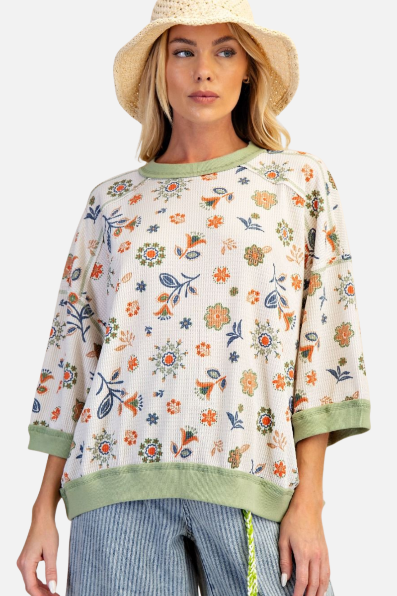 Printed Waffle Knit - Sage & Rust