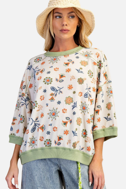 Printed Waffle Knit - Sage & Rust