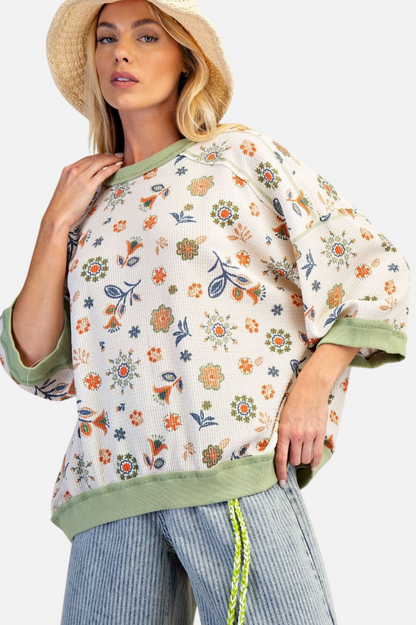 Printed Waffle Knit - Sage & Rust