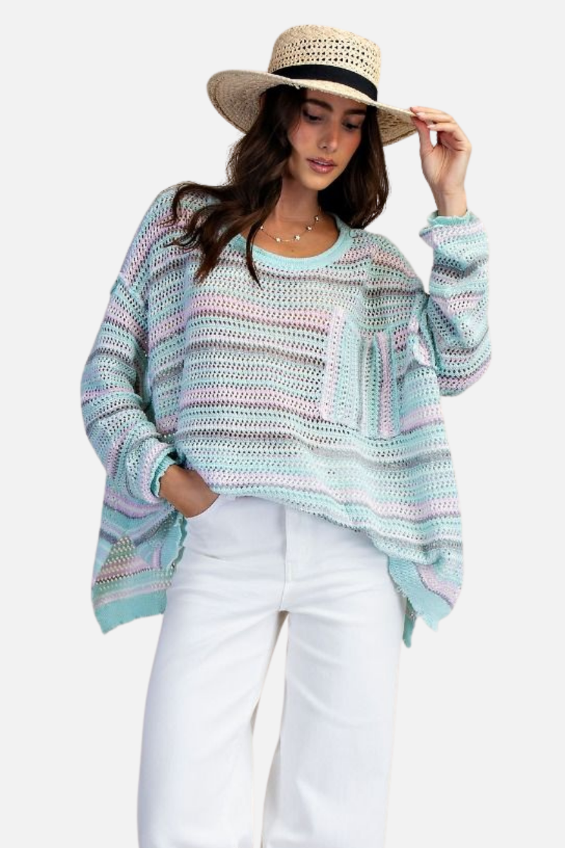 Stripe Crochet Sweater - Aqua Blue