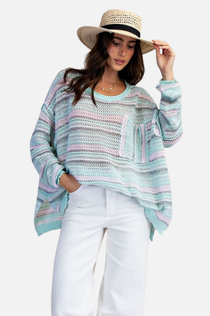 Stripe Crochet Sweater - Aqua Blue