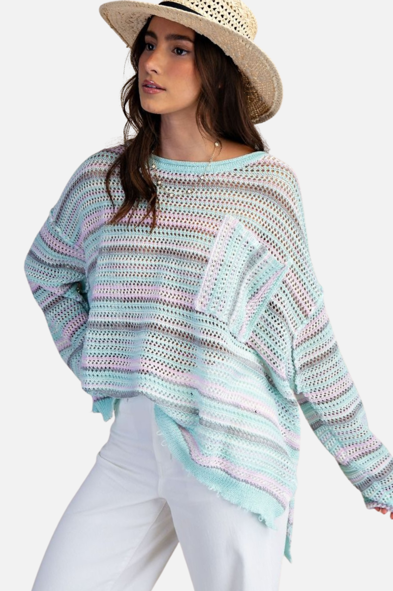 Stripe Crochet Sweater - Aqua Blue
