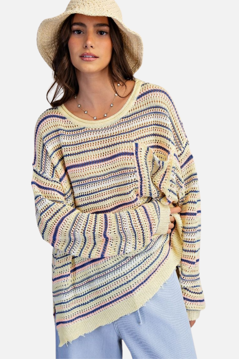 Stripe Crochet Sweater - Banana Blue