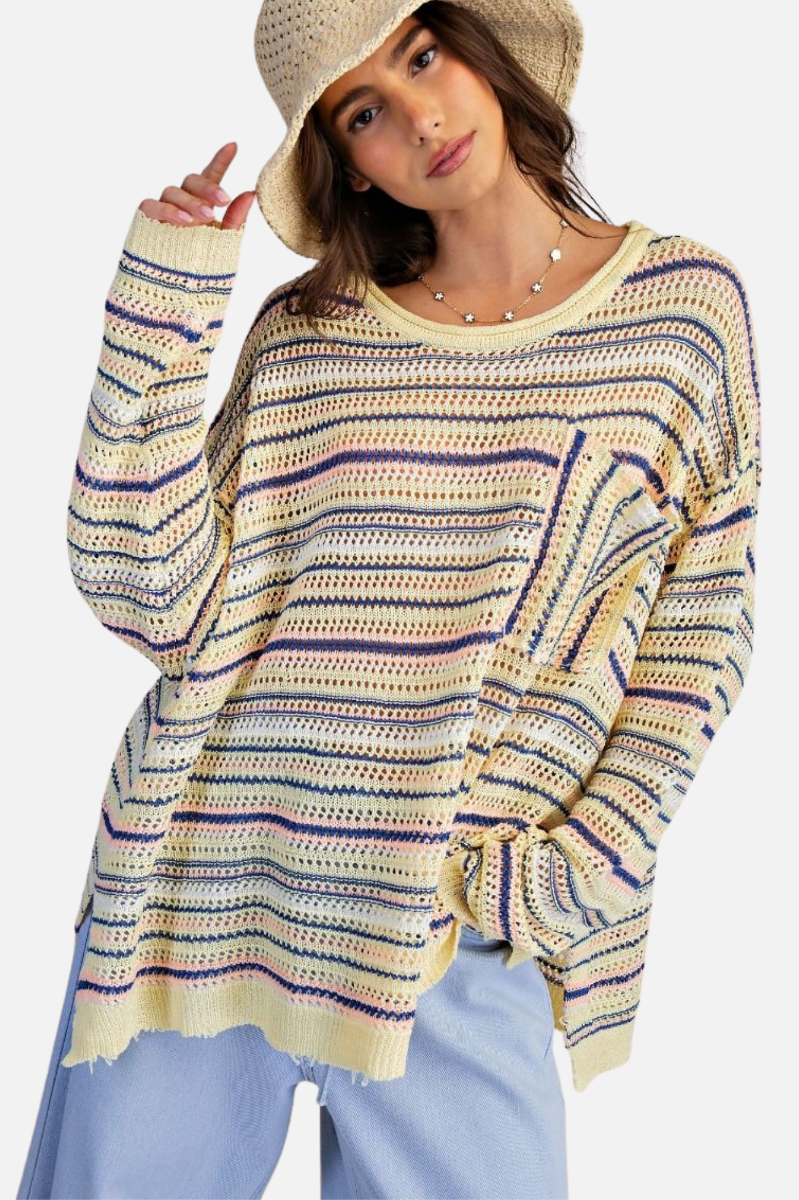 Stripe Crochet Sweater - Banana Blue