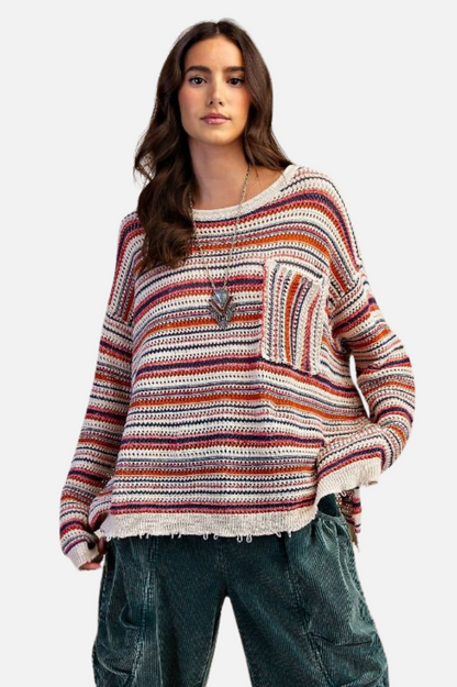 Stripe Crochet Sweater - Navy Red