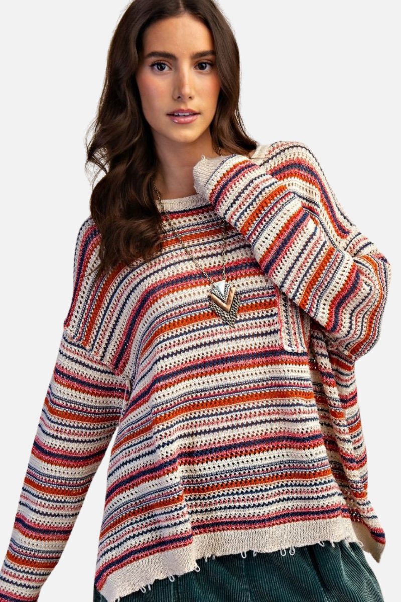 Stripe Crochet Sweater - Navy Red