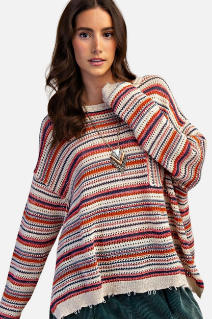 Stripe Crochet Sweater - Navy Red