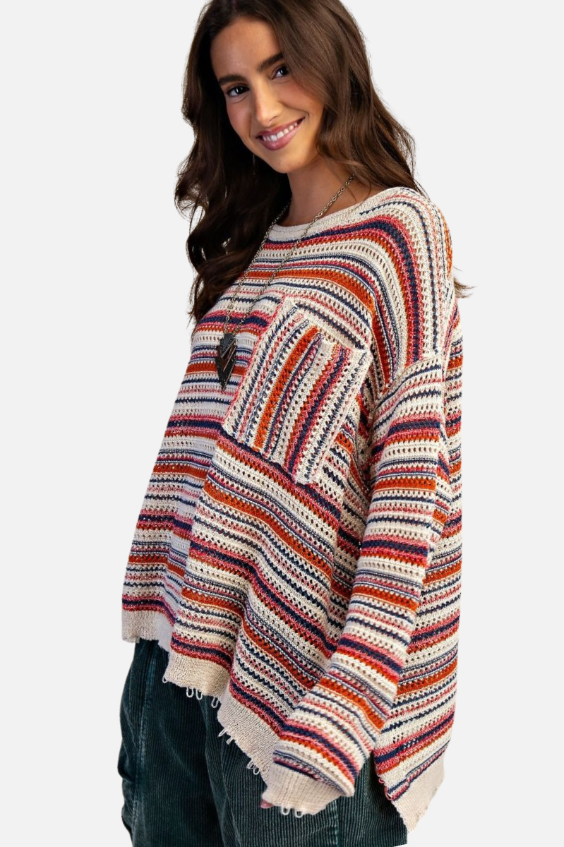 Stripe Crochet Sweater - Navy Red