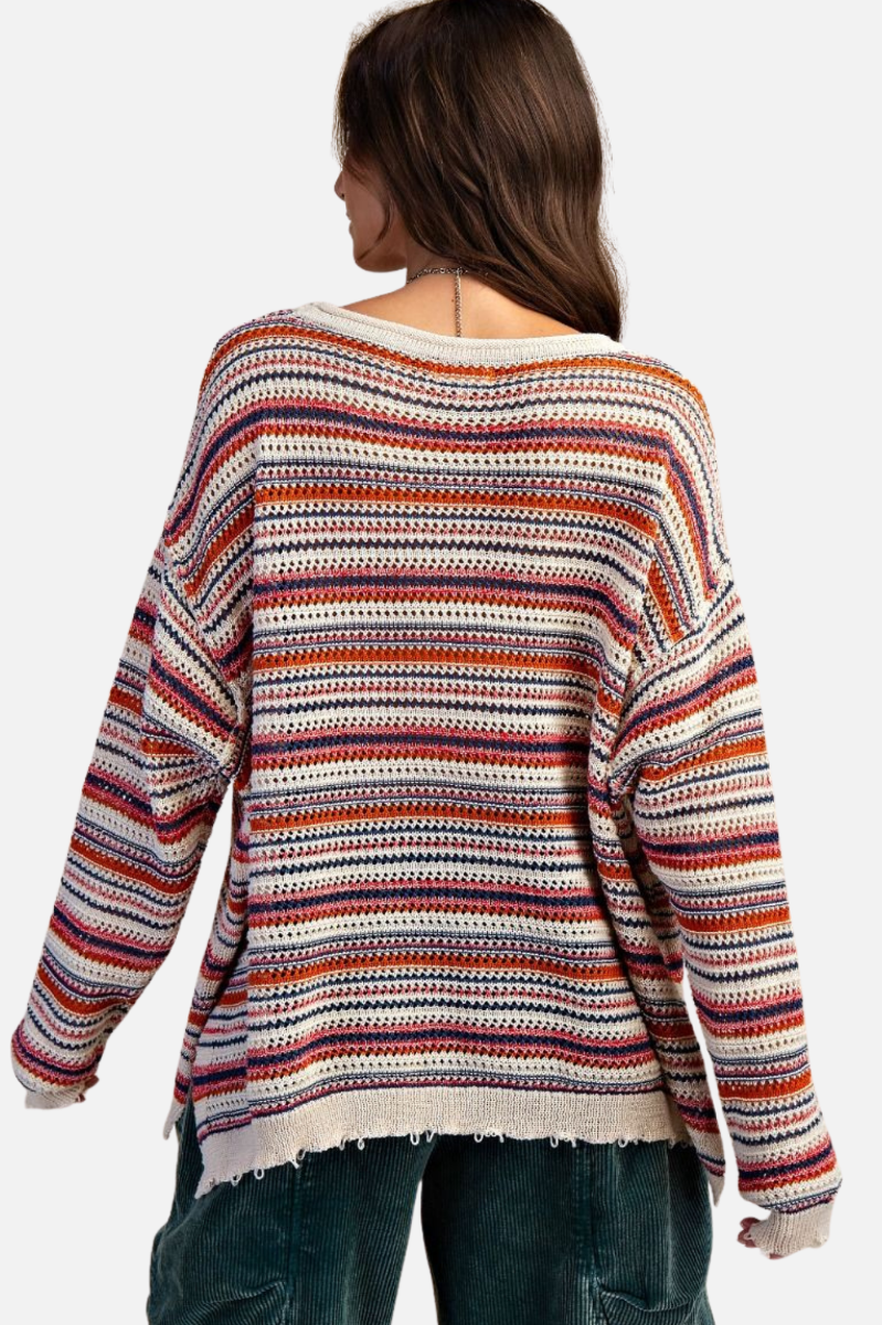 Stripe Crochet Sweater - Navy Red