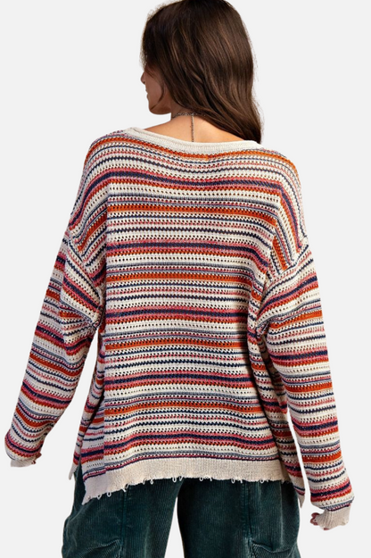 Stripe Crochet Sweater - Navy Red