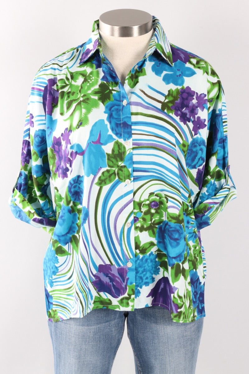 Tea Button Down Shirt - Floral Stripe
