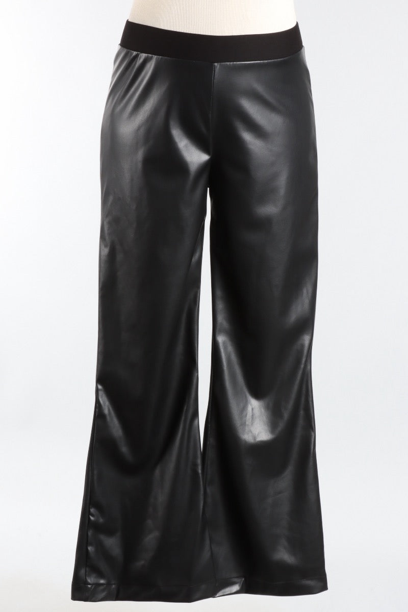 Vegan Leather Bell Bottom Pants - Black