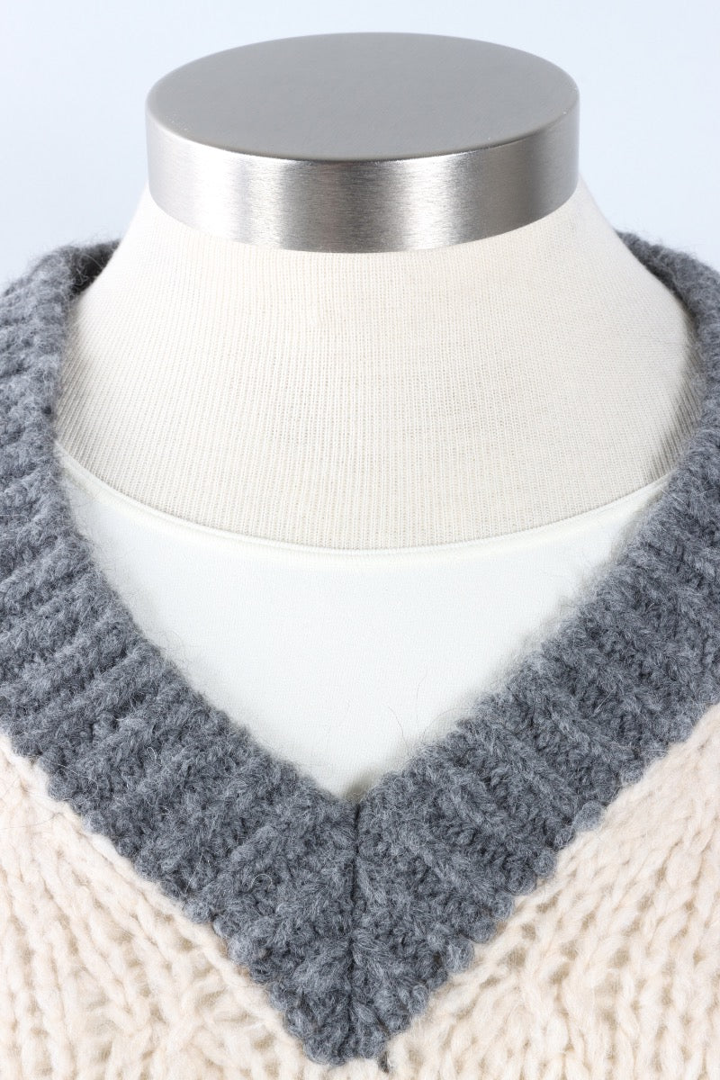 Contrast Trim Vest - Ivory & Grey
