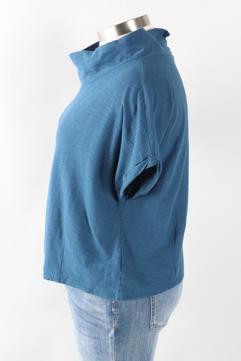 Fawbush's Only! Roll Sleeve Cowl Top - Naval