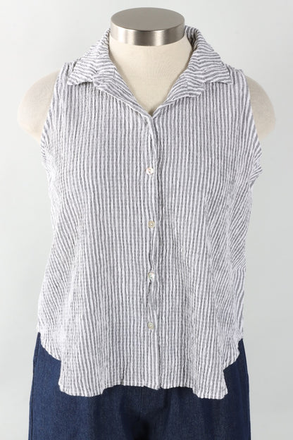 Sleeveless Shirt - White Stripe Crinkle