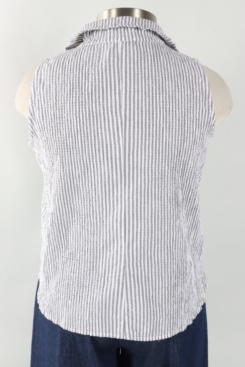 Sleeveless Shirt - White Stripe Crinkle