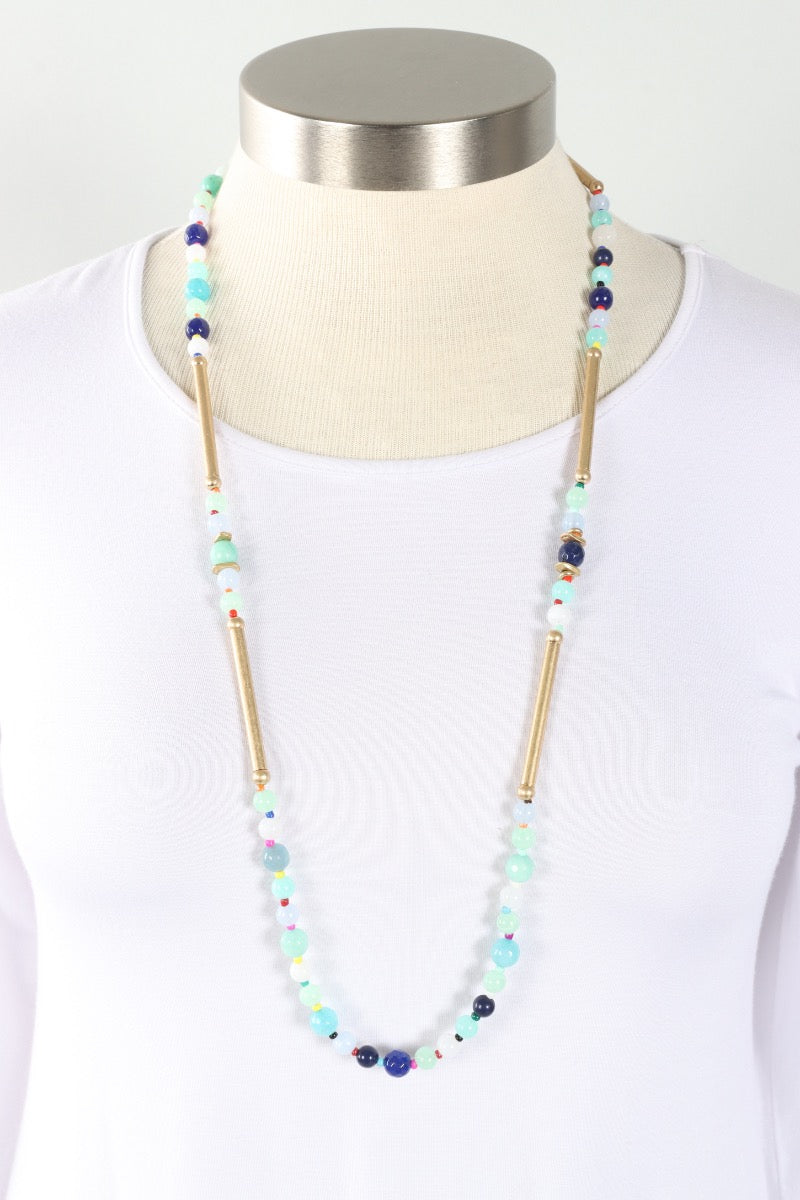 Long Beaded Necklace - Aqua Multi
