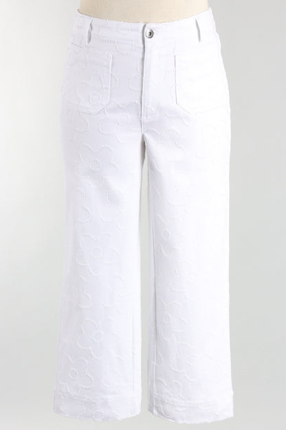 Etched Flower Crop Jean - White