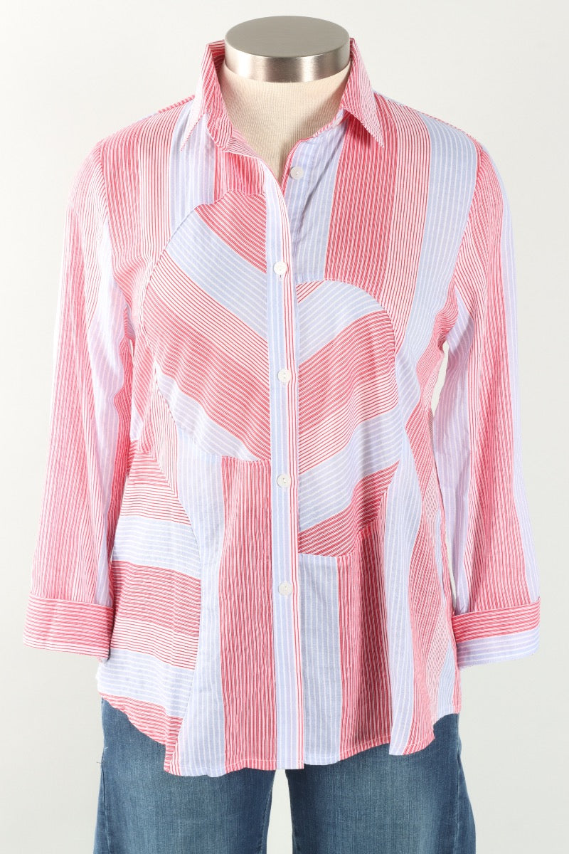 Circle Inset Blouse - Red & Blue