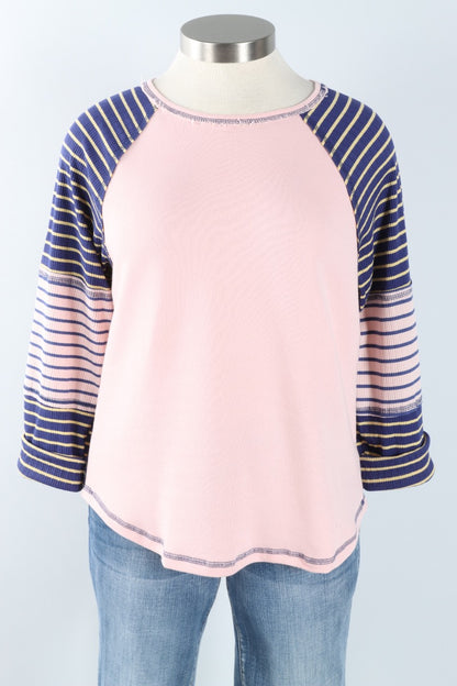 Striped Raglan Sleeve Top - Pink & Navy
