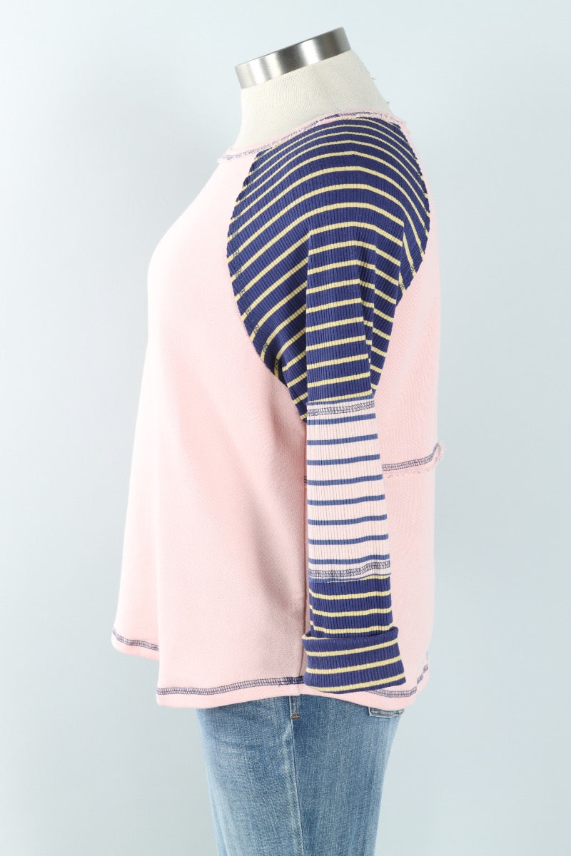 Striped Raglan Sleeve Top - Pink & Navy
