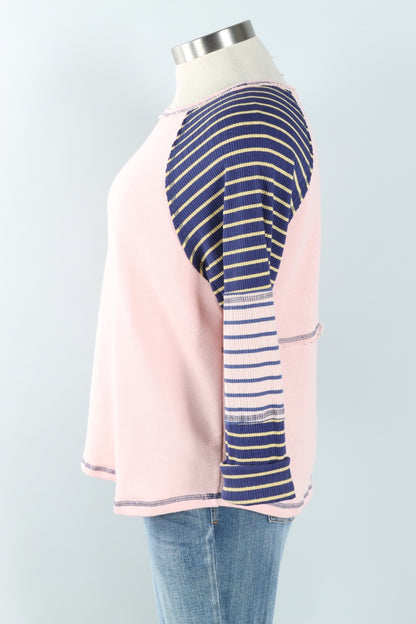 Striped Raglan Sleeve Top - Pink & Navy