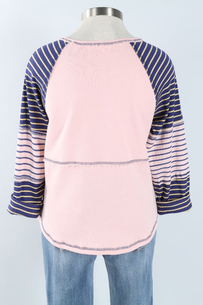 Striped Raglan Sleeve Top - Pink & Navy