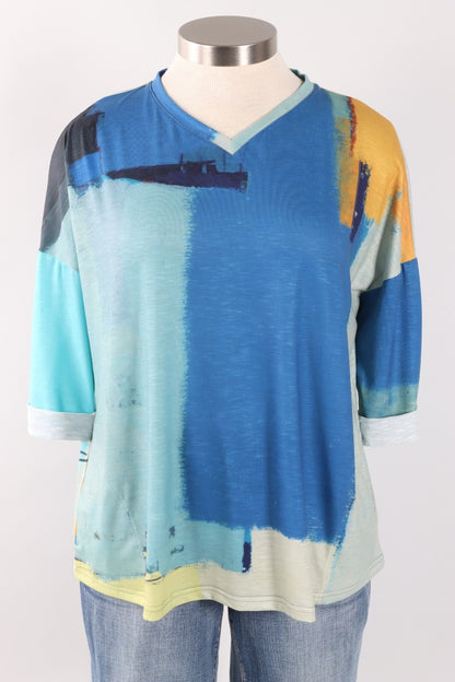 V  Neck Top - Abstract Blue