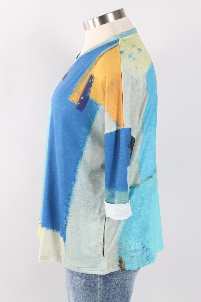 V  Neck Top - Abstract Blue