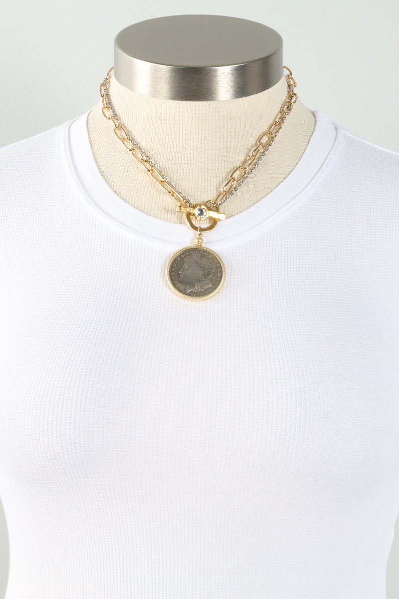 Crystal Coin Necklace - Mixed Metal 