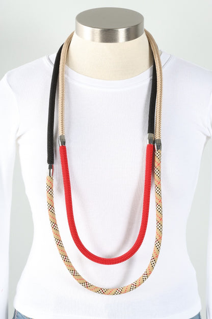 Evolve Necklace & Bracelet - Plaid, Cream, Black & Red