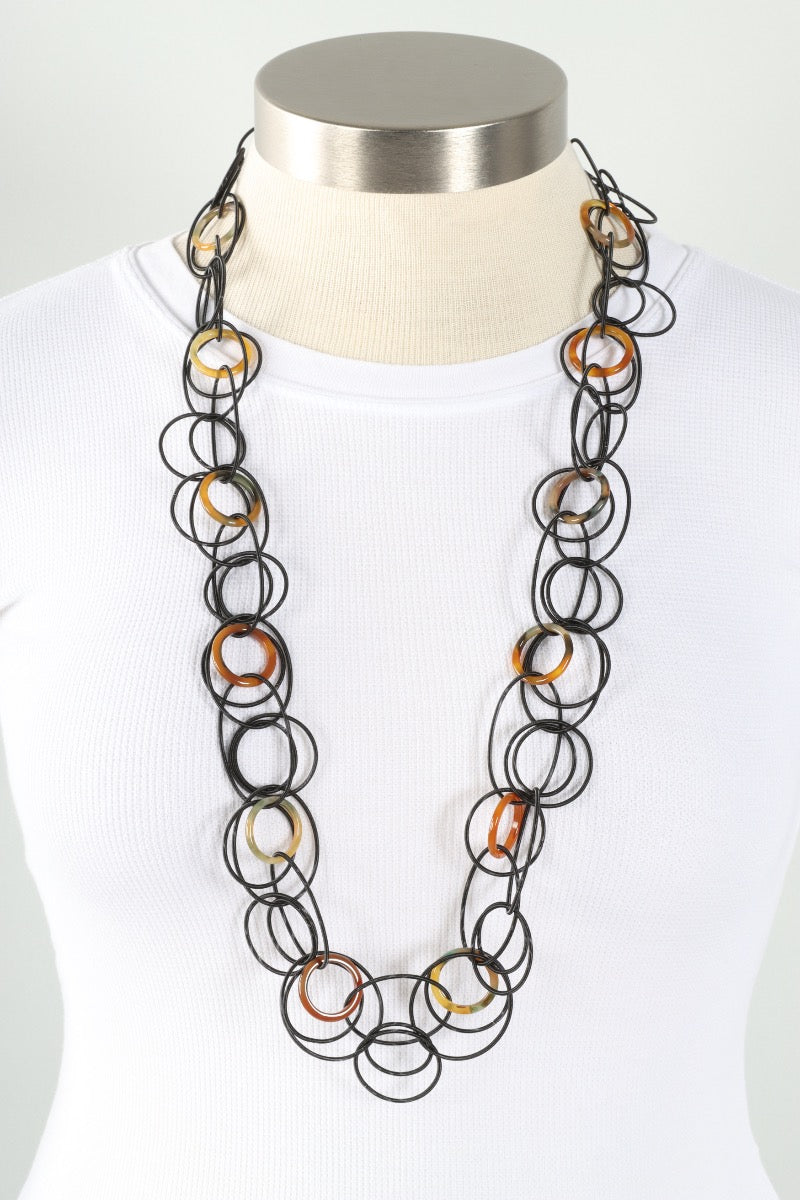 Long Multi Loop Ring Necklace - Black & Tortoise