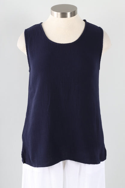 Gauze Scoop Neck Tank - Navy
