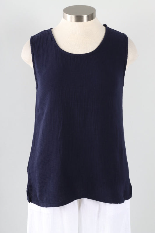 Gauze Scoop Neck Tank - Navy