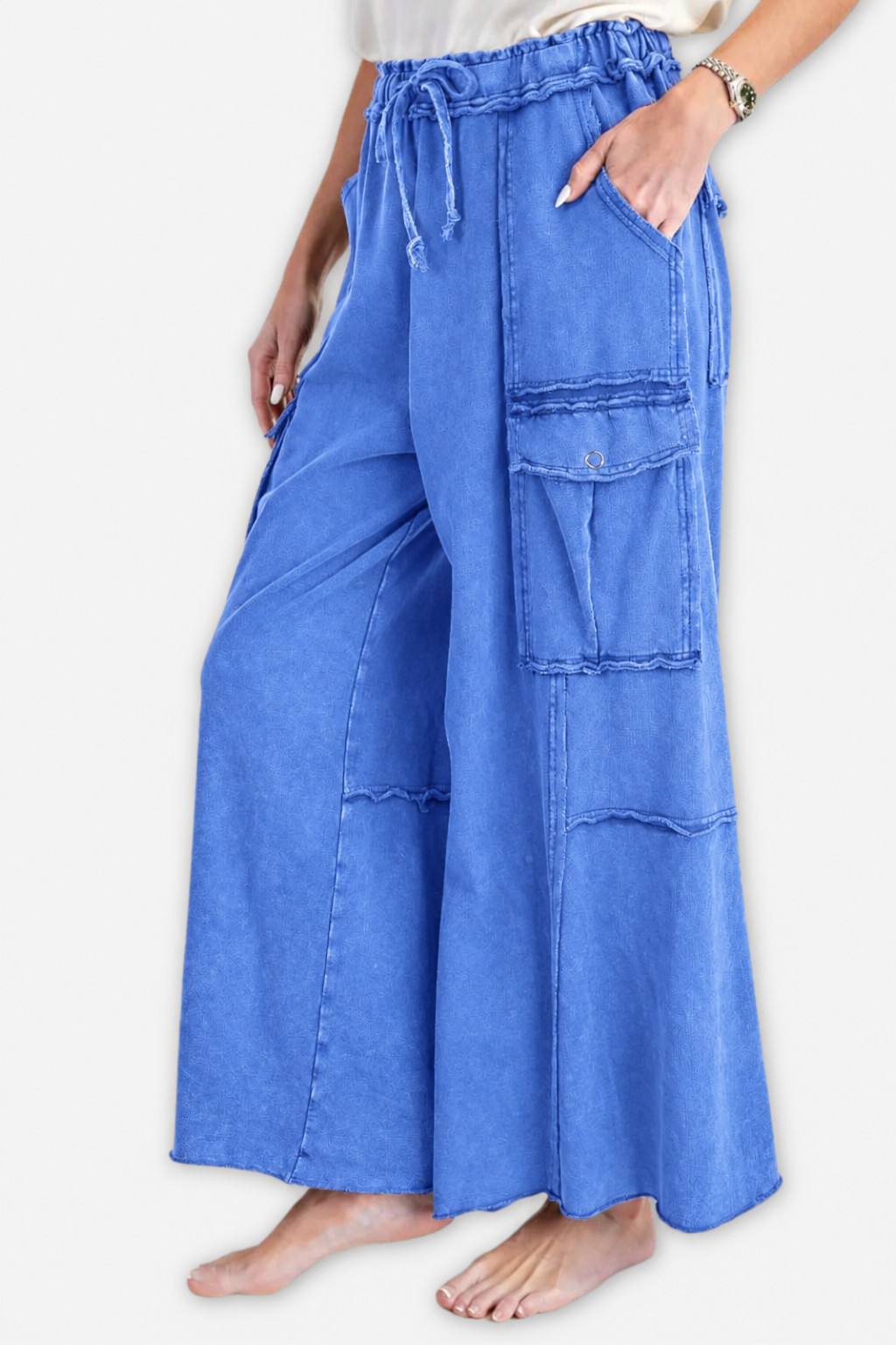 Washed Wide Leg Terry Cargo Pant - Cadet Blue