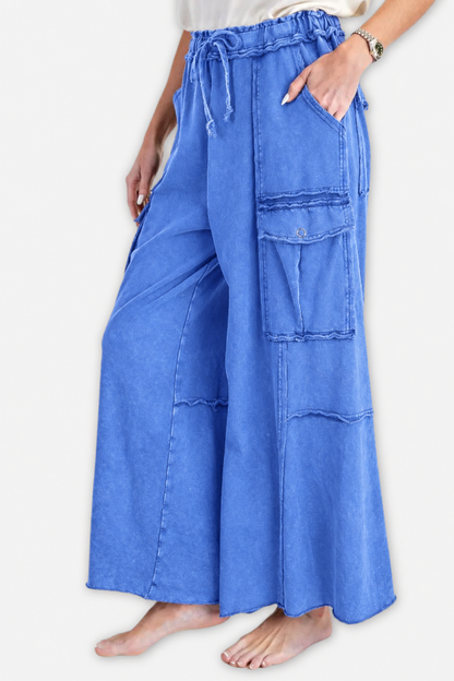 Washed Wide Leg Terry Cargo Pant - Cadet Blue