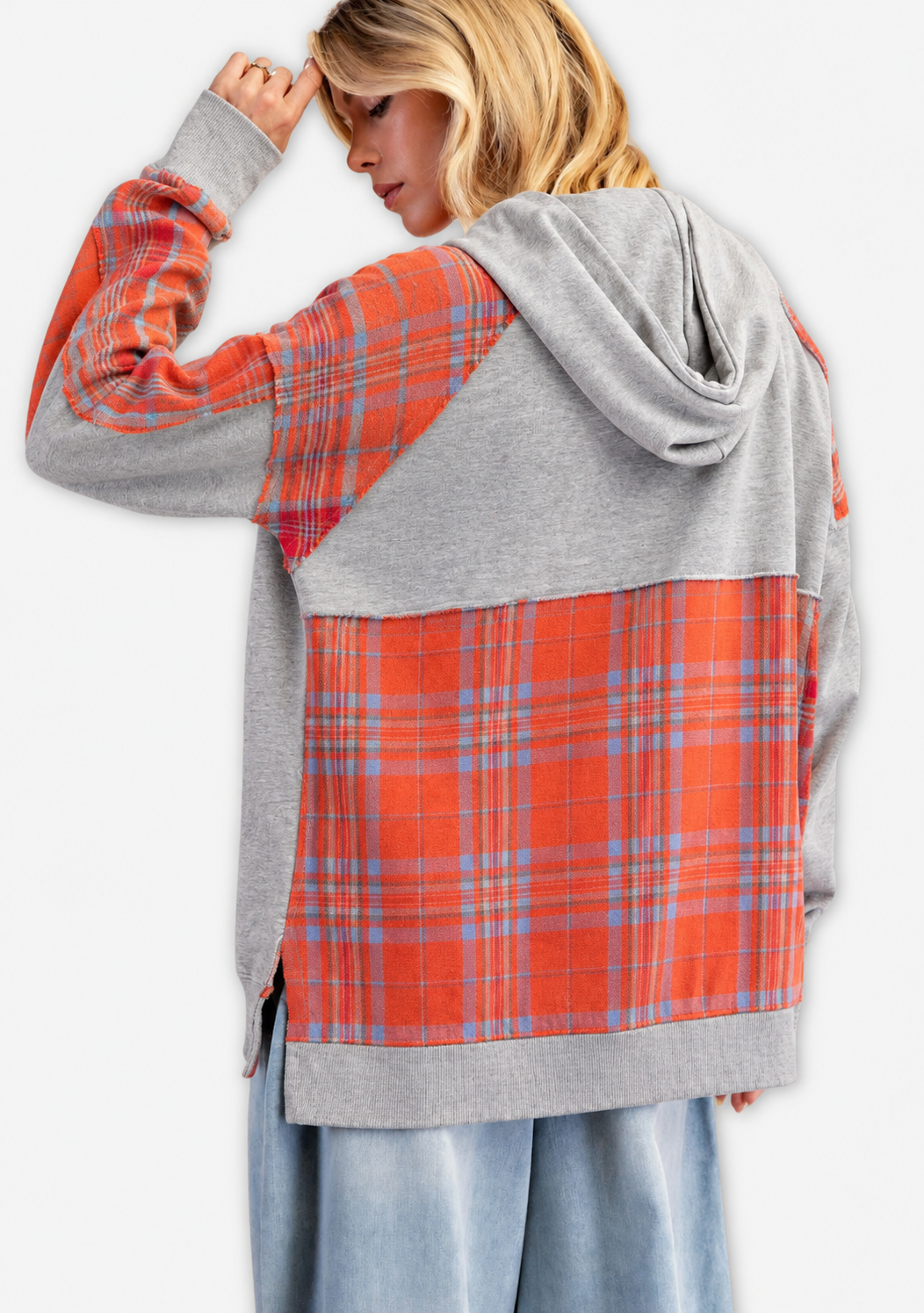 Plaid Mix Terry Hooded Pullover - Heather Gray