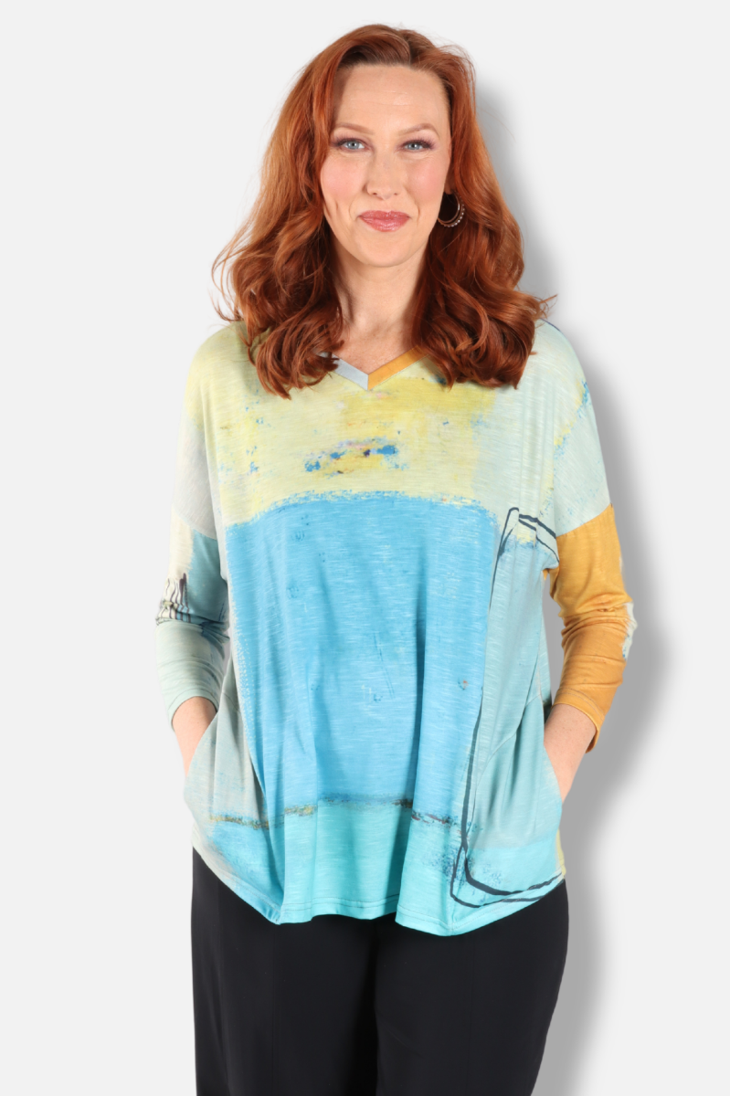 V  Neck Top - Abstract Blue