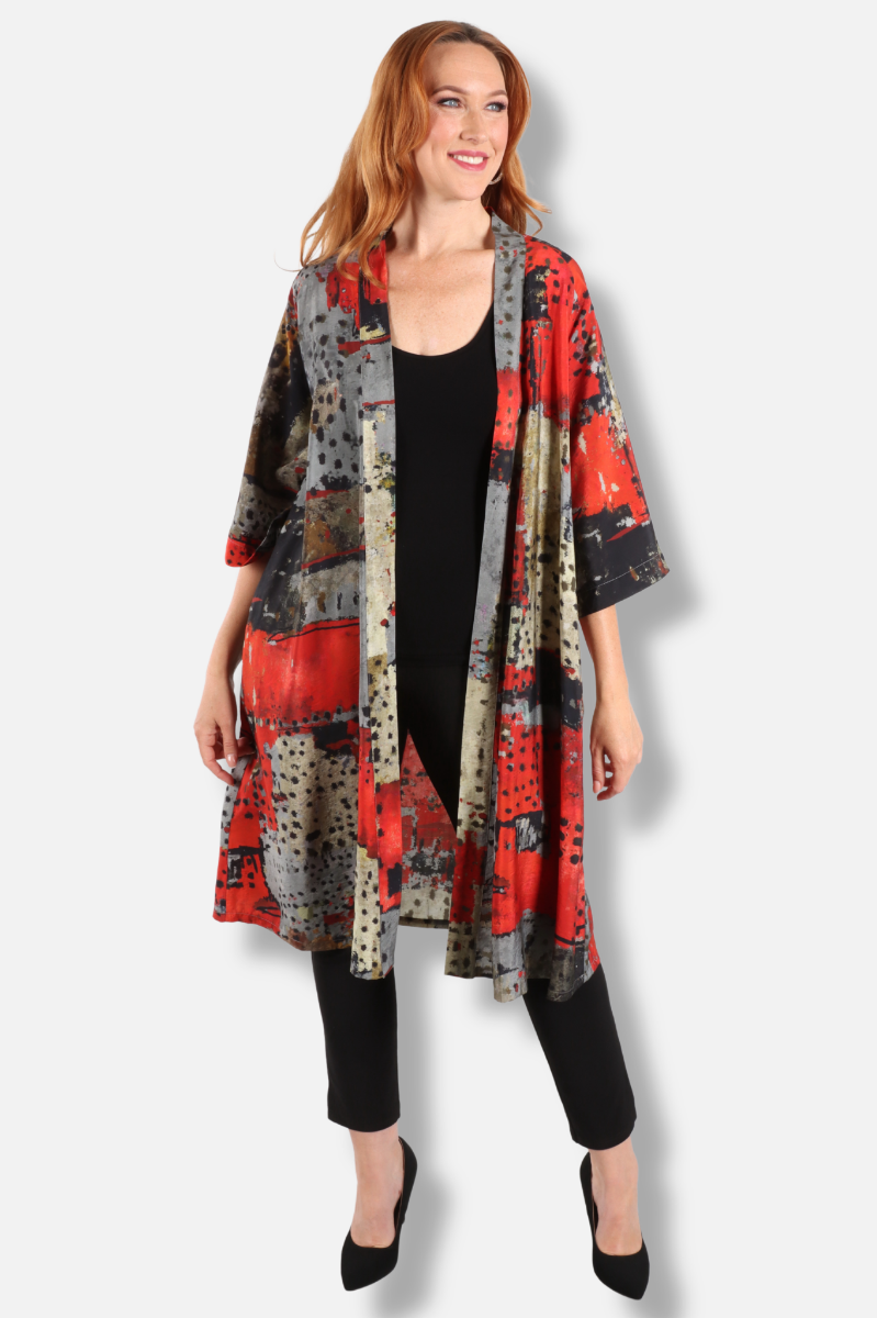 Long Kimono - Red Abstract