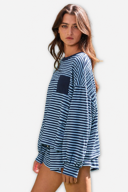 Striped Oversized Pullover - Navy