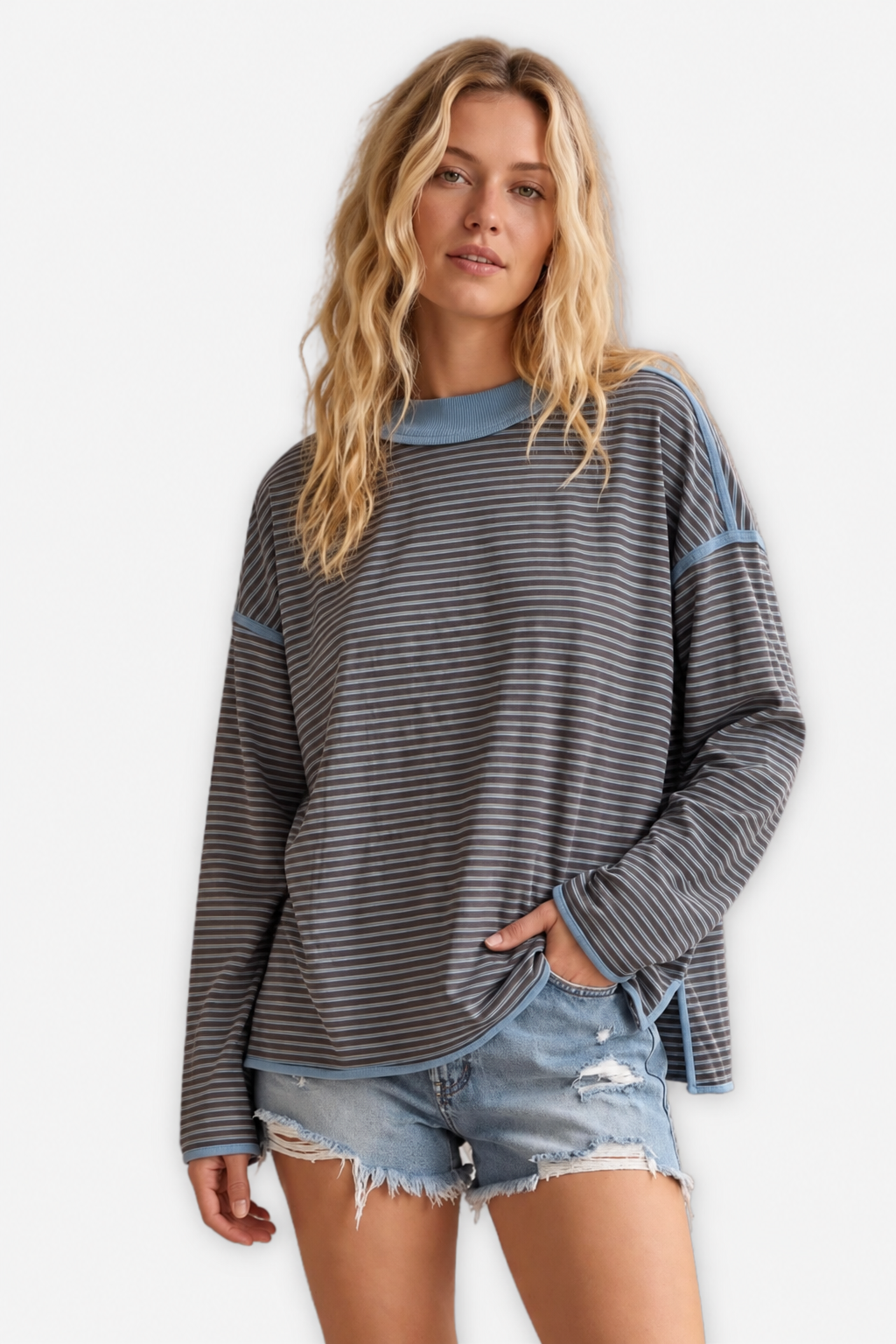 Oversized Contrast Stripe Top - Blue & Brown
