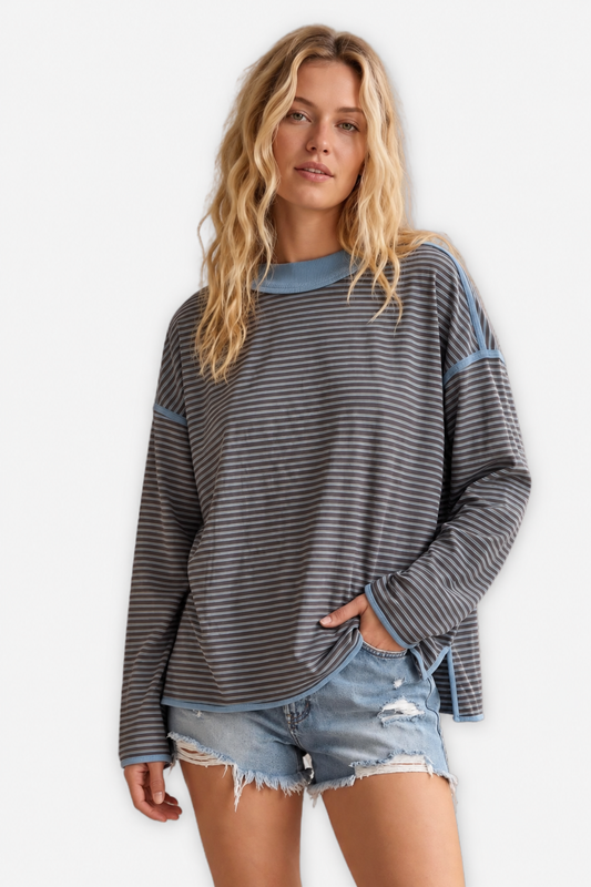 Oversized Contrast Stripe Top - Blue & Brown