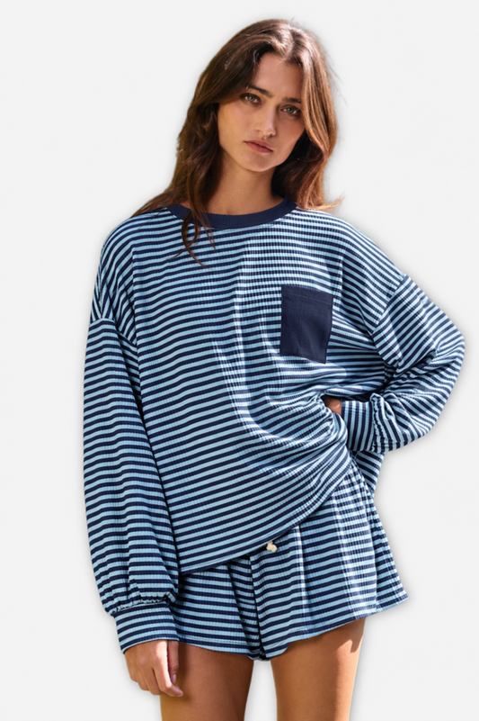 Striped Oversized Pullover - Navy