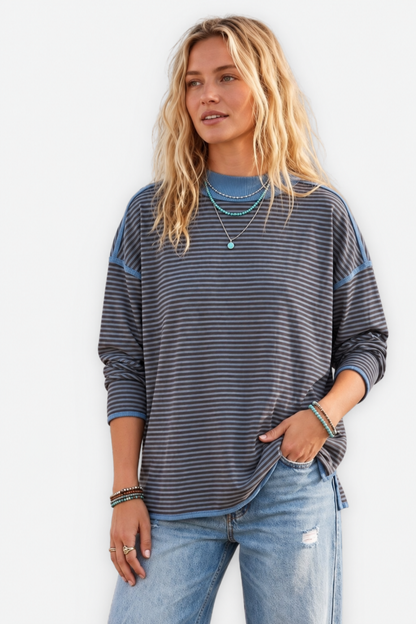 Oversized Contrast Stripe Top - Blue & Brown