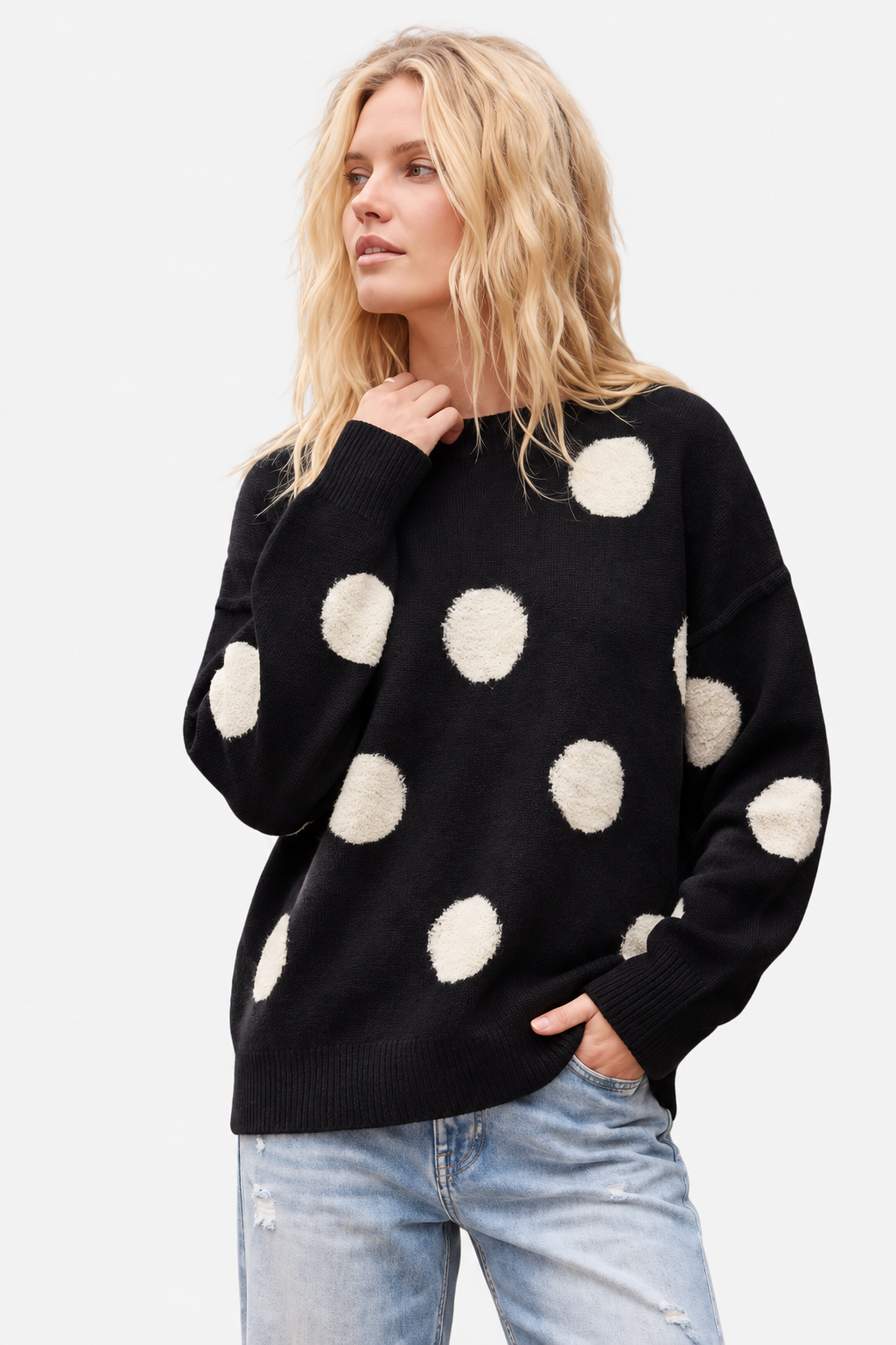 Textured Polka Dot Sweater - Black & Ivory