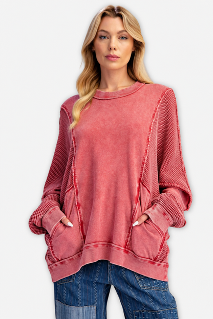 Thermal Mix Terry Pullover - Red