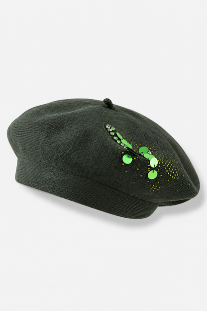 Bejeweled Sequin Knit Beret - Olive