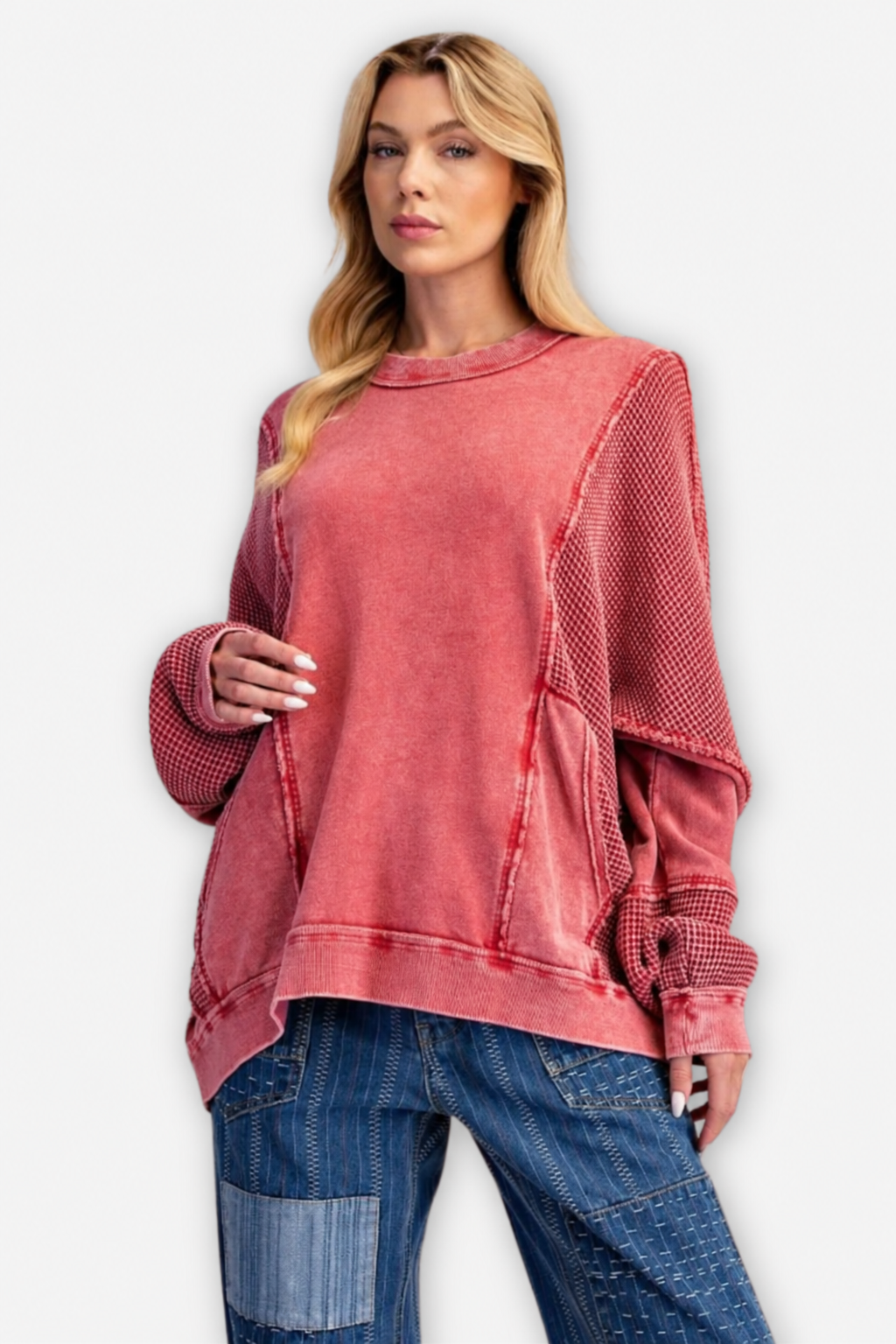 Thermal Mix Terry Pullover - Red