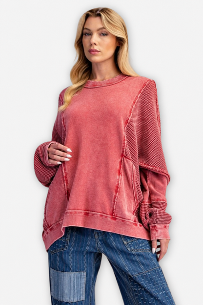 Thermal Mix Terry Pullover - Red