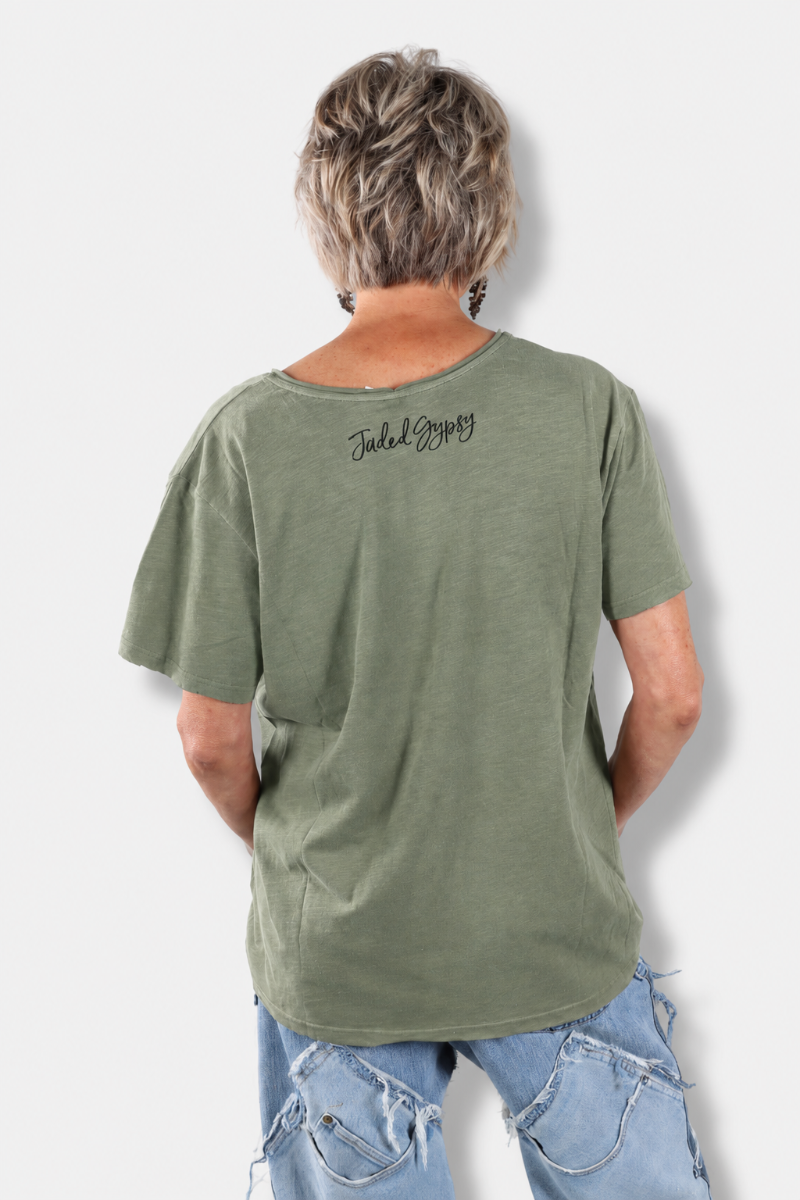 Moon Dance V-Neck Tee - Olive